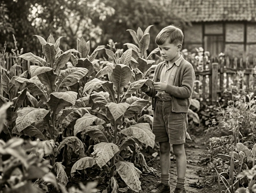 Tabak im Eigenanbau, vergilbtes Schwarzwei&szlig;foto