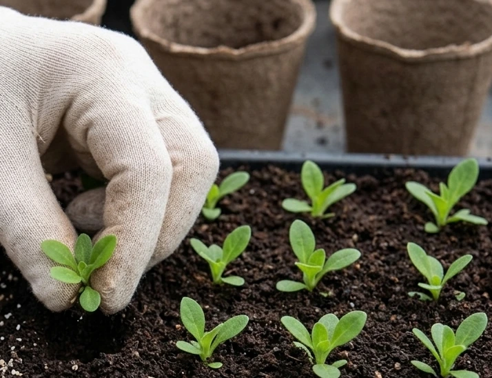 Hand mit Handschuh und Pflanzholz pikiert junge Tabakpflanzen